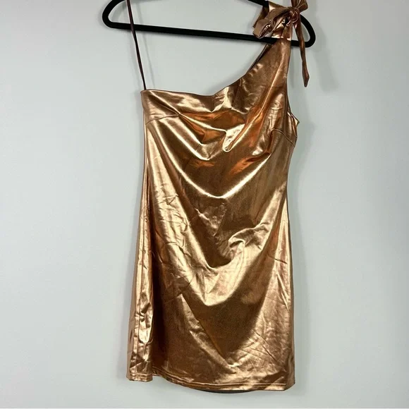 NWT Wild Honey Bronze Gold One Shoulder Mini Dress - Picture 2 of 7